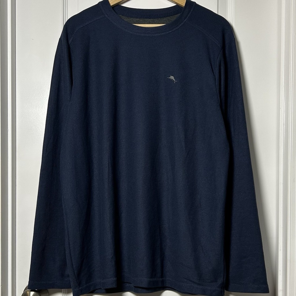 Tommy Bahama Navy Blue Textured Twill‎ Long Sleeve Shirt Coastal Grandpa Style